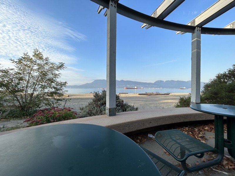 The beach and mountains in the background, taken in from a picnic table.