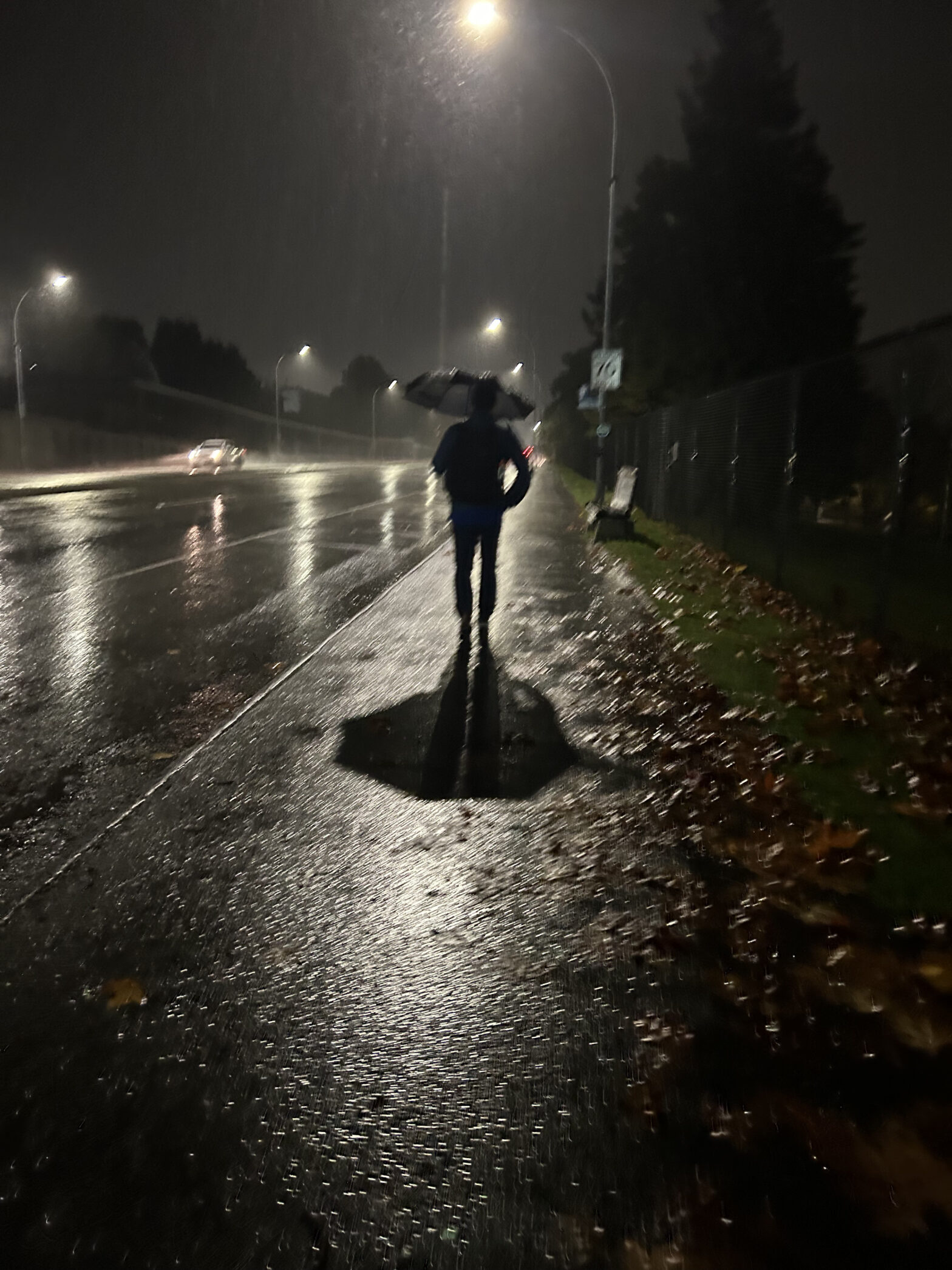 A person walking beside the freeway at night in heavy rain with an umbrella.