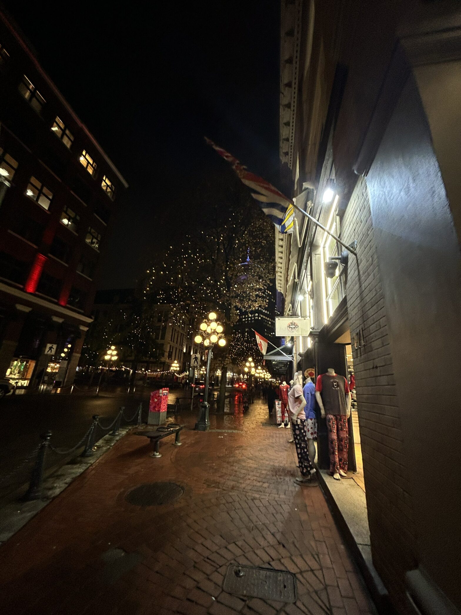 Water Street in downtown Vancouver at night, emphasizing the pretty lights.