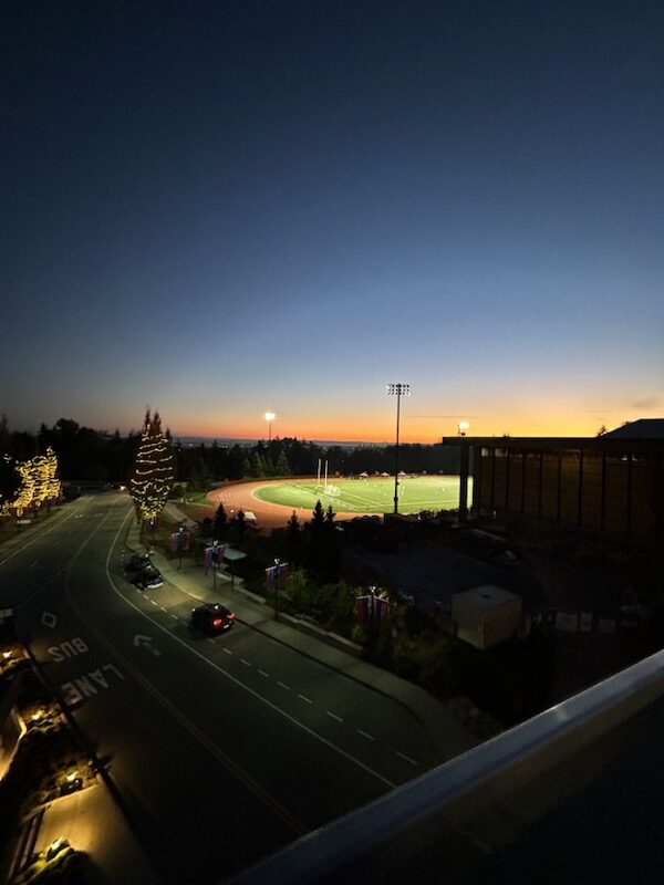 The sunset over the Terry Fox Field from the roof of Simon Fraser University.