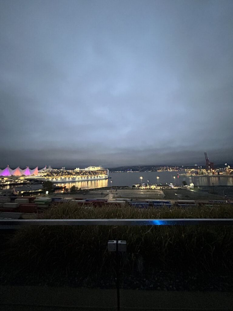 The view of the night sky, lights, water, and boats taken from a downtown rooftop.