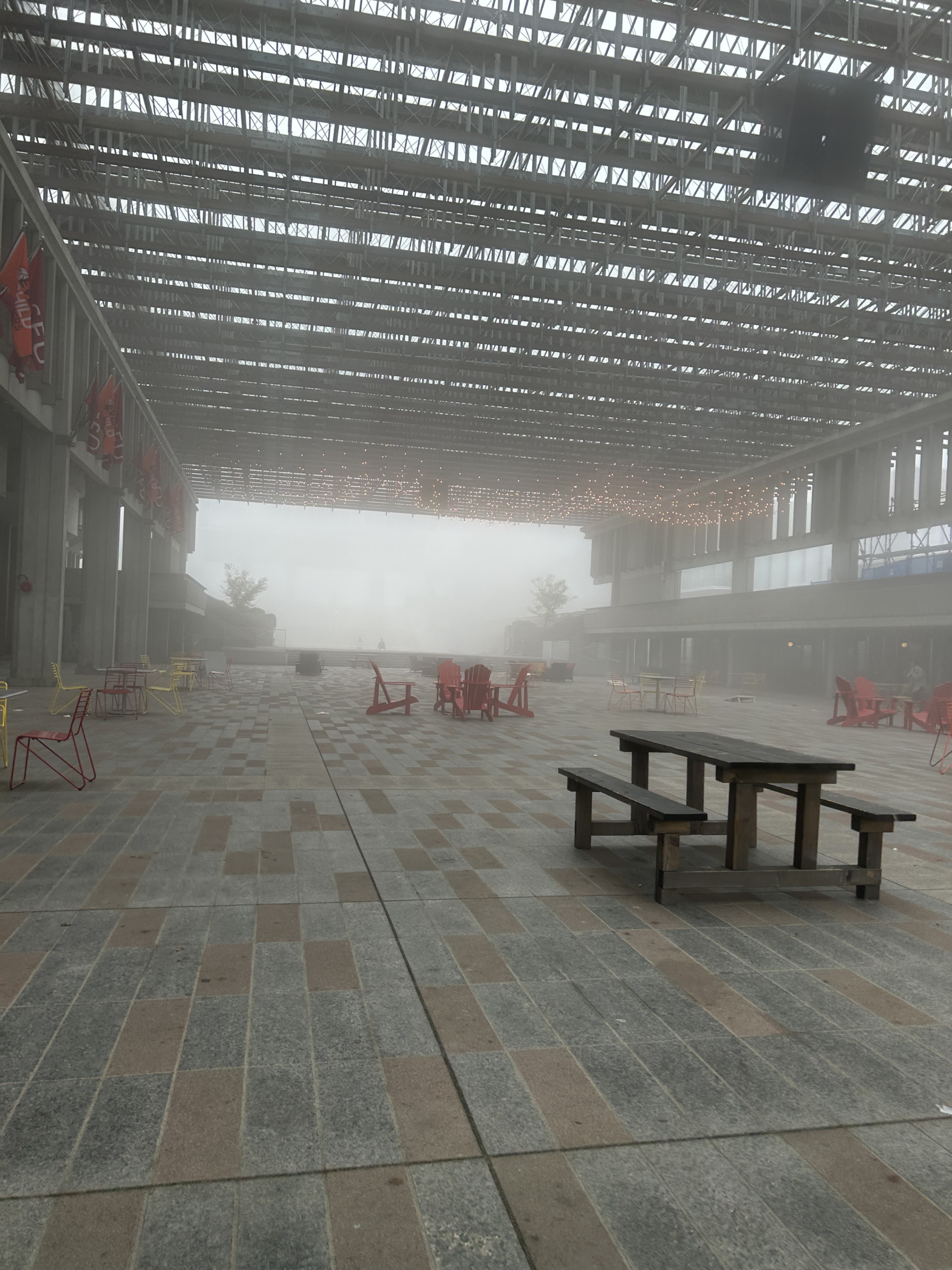 Intense fog at the Simon Fraser University (SFU) convocation mall.