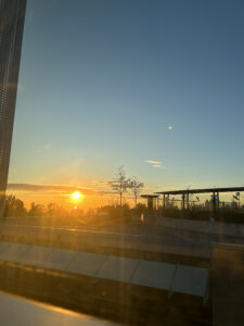 Sunset visible from the fifth floor of an academic building at Simon Fraser University (SFU) Burnaby campus .